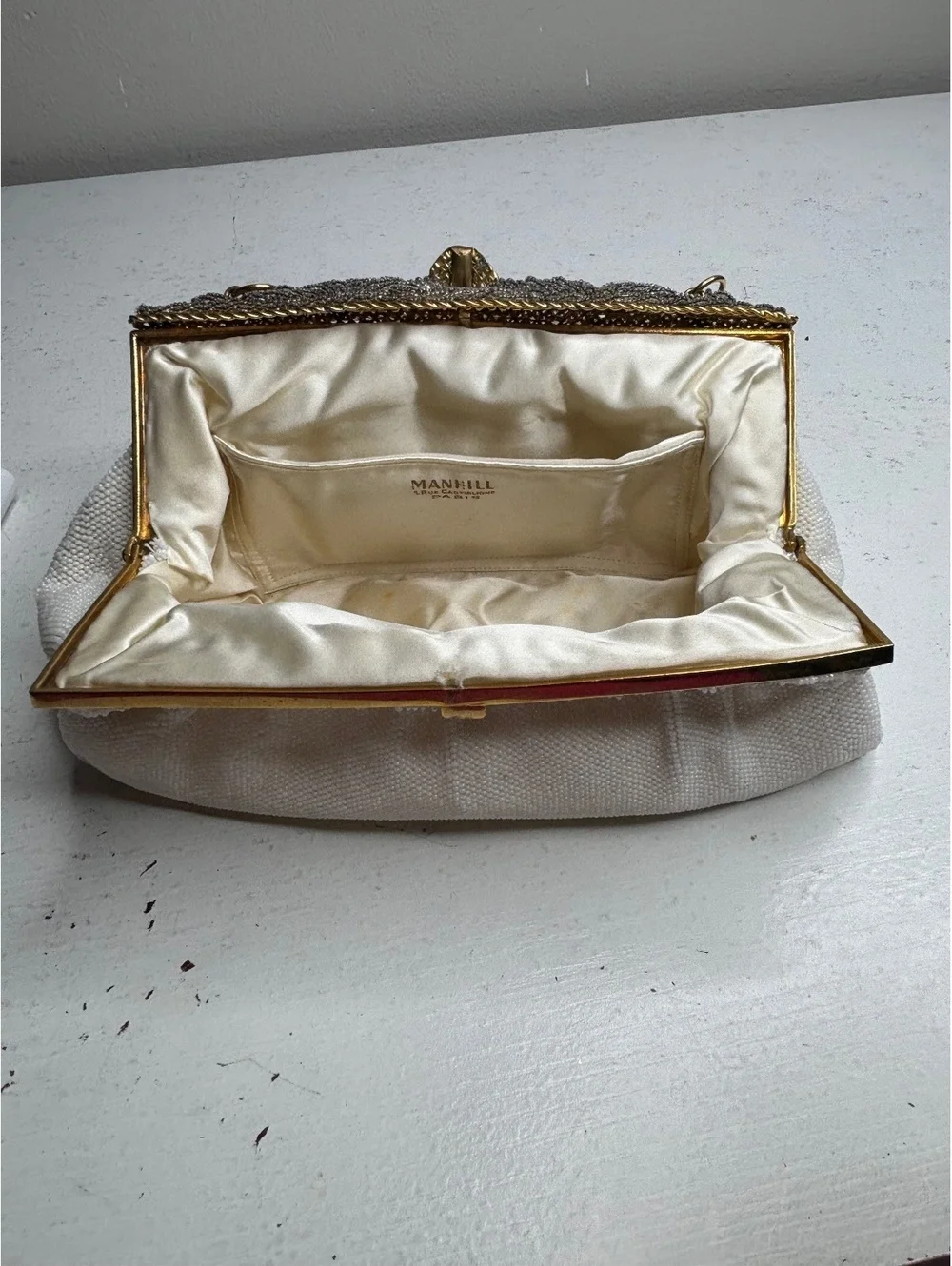 Vintage Manhill Paris White & Silver Seed Bead with Rhinestone Evening Bag